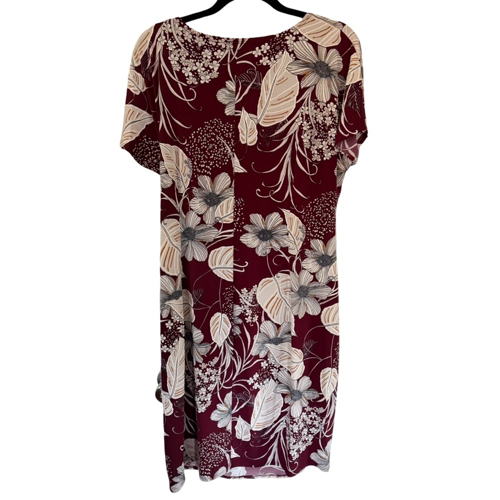 Robbie Bee Burgundy Floral Wrap Dress Size L Short Sleeve Side Tie - Picture 3 of 5